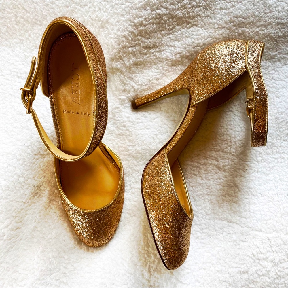 J Crew Glitter Ankle Strap Heels in Metallic Gold Still NWT